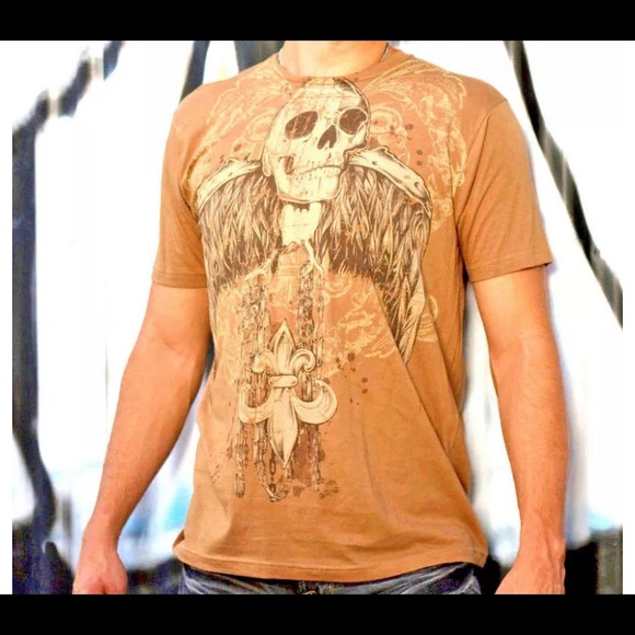 Distressed Tan Men's Skull Chain T-Shirt top New - Picture 2 of 2